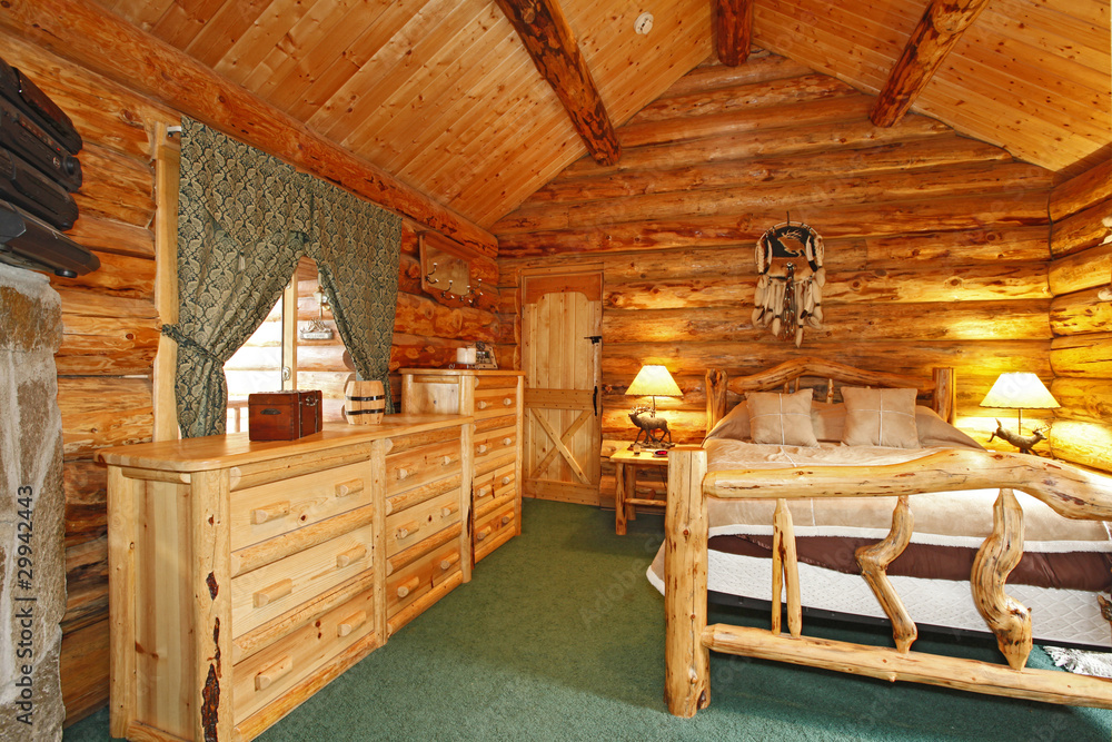 Bedroom in a rustic cabin