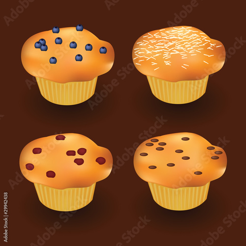 four muffins, brown background