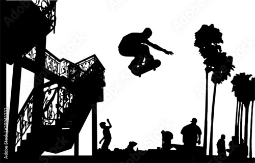 Skateboarder Leap With Spiral Stairs Silhouette Vector 06