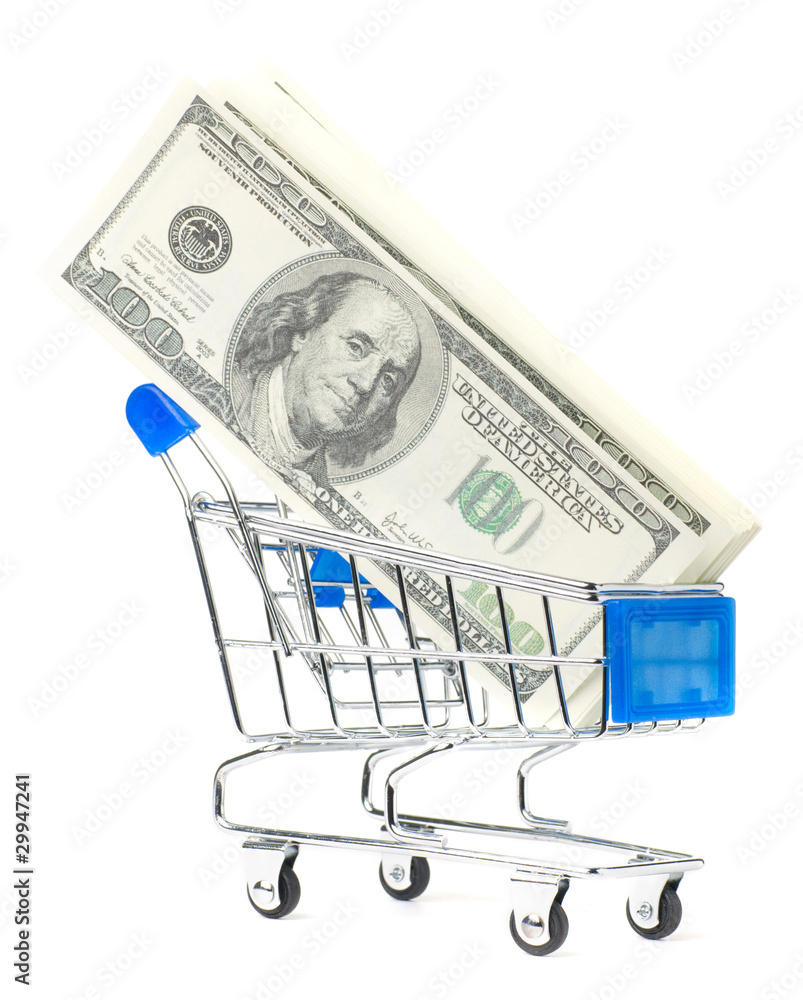 dollar notes in shopping cart dollar notes in shopping cart