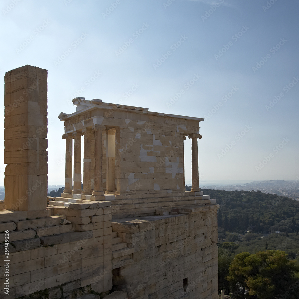 Athena Nike temple, Acropolis, and  Athens cityscape