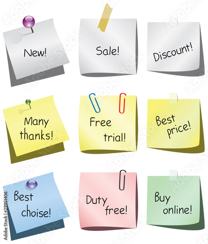 vector paper notes with words, push pin and paperclip