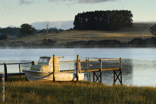 Boat in reeds on riverbank, Tamar River, Tasmania photo