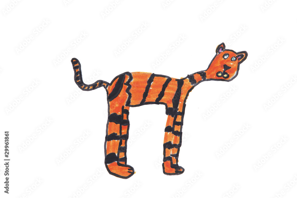 Children's drawing of a small tiger a brush paints on a paper Children's drawing of a small tiger a brush paints on a paper