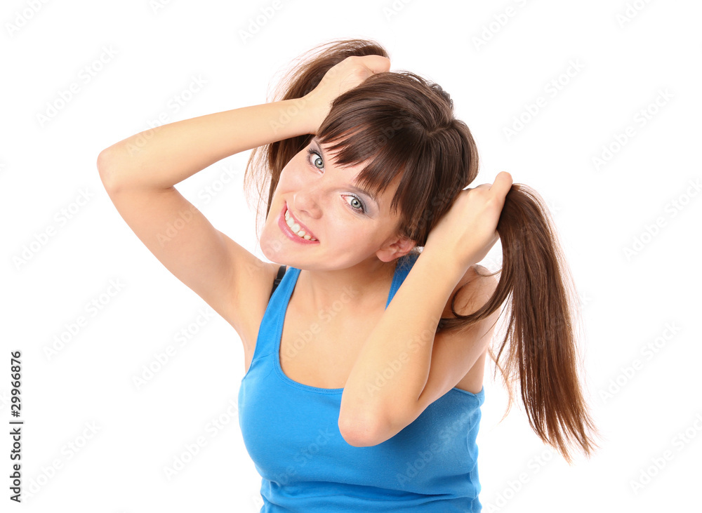 joyful and cheerful girl clings to her hair joyful and cheerful girl clings to her hair