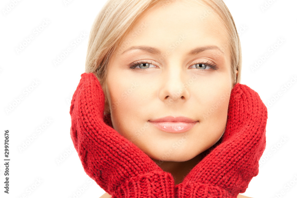 beautiful woman in red mittens beautiful woman in red mittens