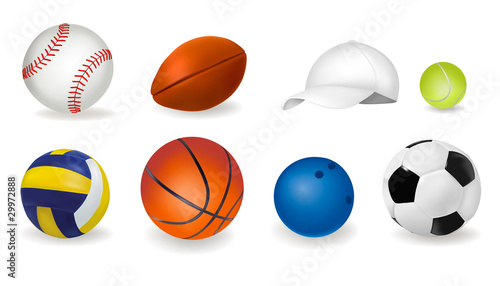 Big set of sport balls and tennis cap. Vector illustration.