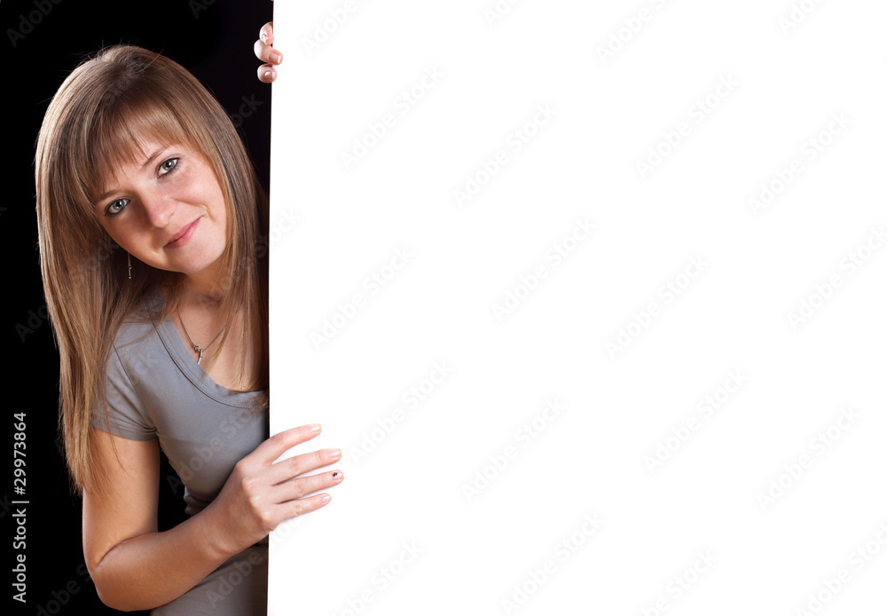 blonde girl with a blank presentation board 2 blonde girl with a blank presentation board 2
