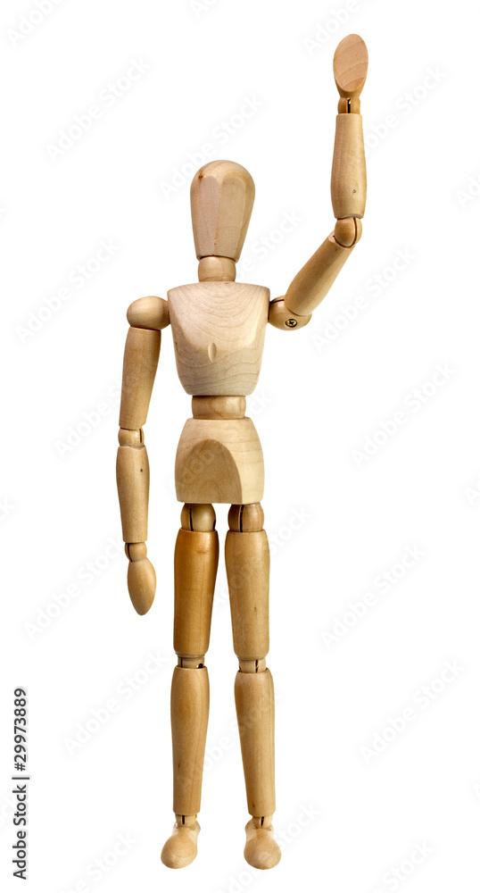 Wooden mannequin raise hand waving isolated on white Wooden mannequin raise hand waving isolated on white