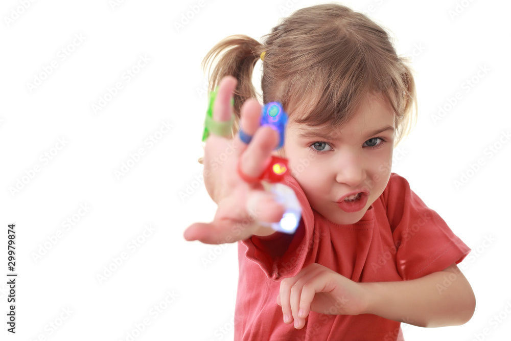 Girl sent hand forward, flashlights on fingers Girl sent hand forward, flashlights on fingers