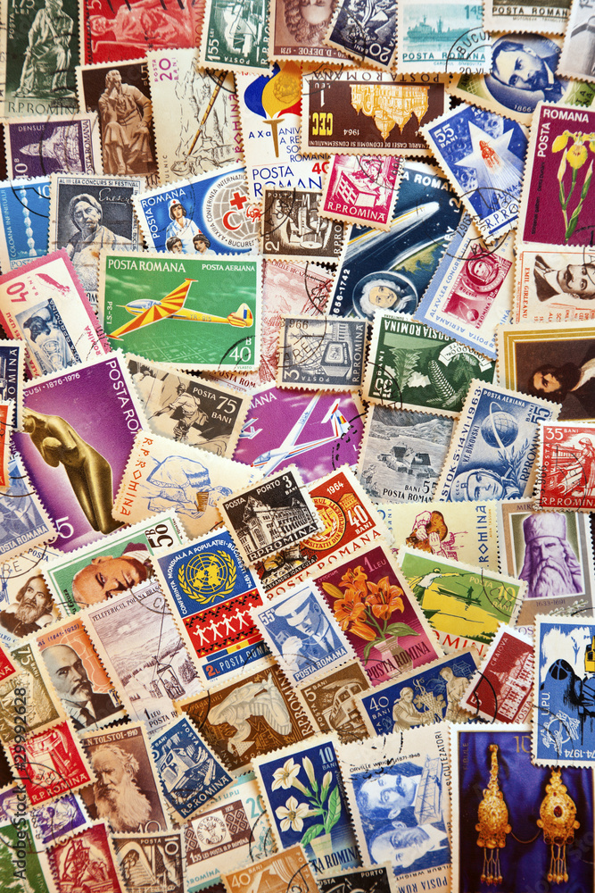 Pile of used post stamps from Romania