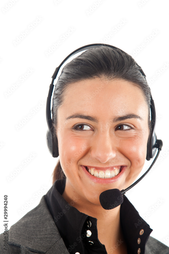 Smiling call center girl with headphones isolated on white Smiling call center girl with headphones isolated on white
