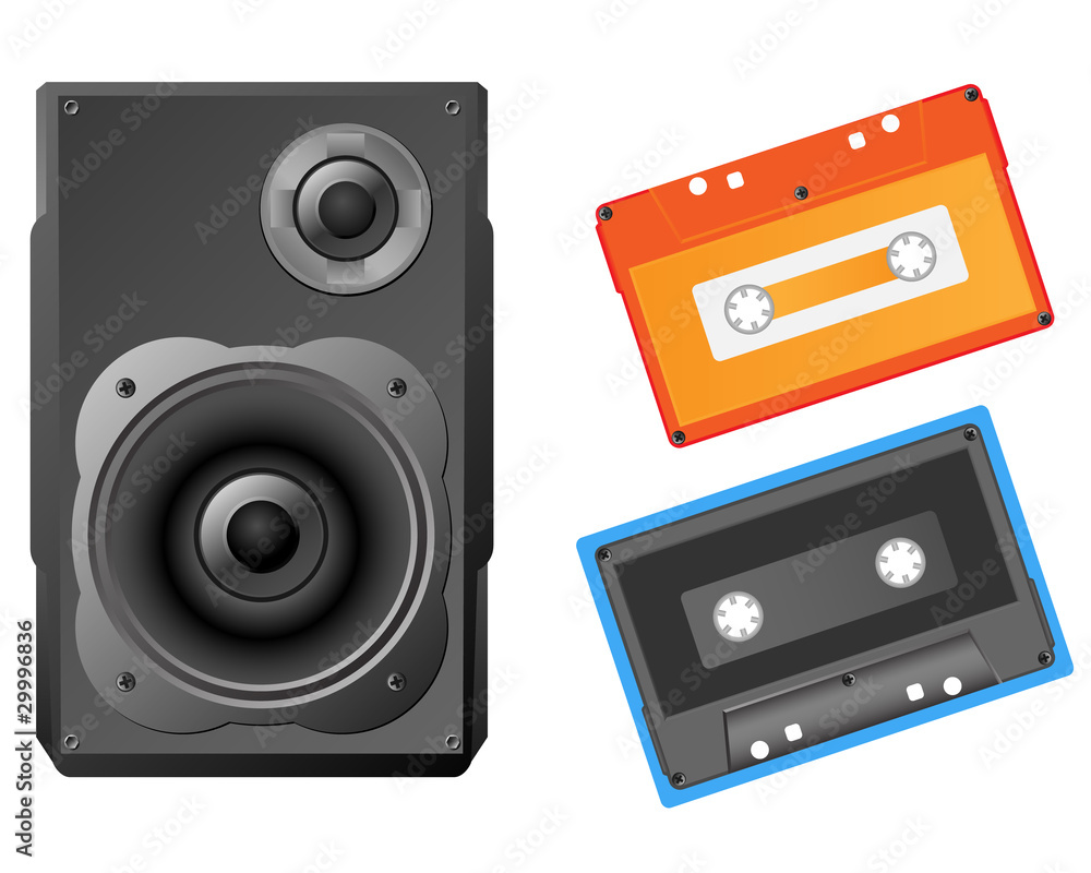 Musical speaker and audiocassette vector illustration. Musical speaker and audiocassette vector illustration.