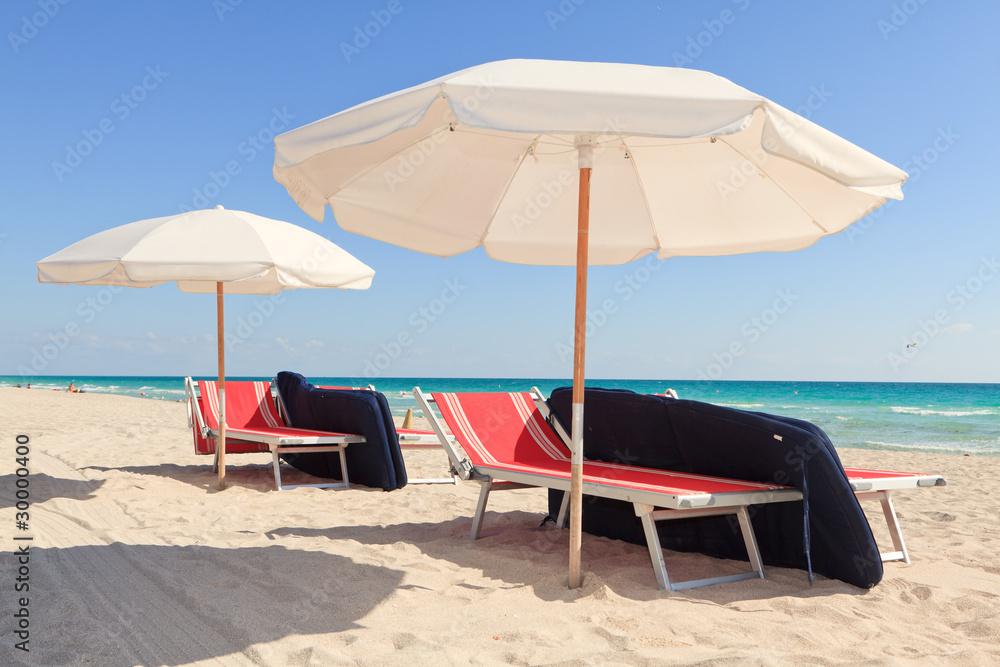 Colorful Umbrellas and Lounge Chairs in South Beach Miami