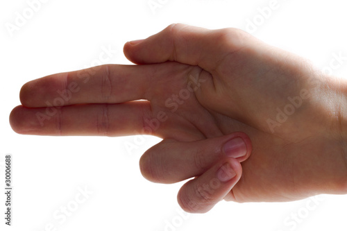 Pinching hand gesture isolated over white background photo