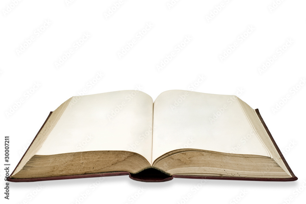 Old book with blank page on white background Old book with blank page on white background
