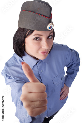 Young woman wearing a russian police uniform photo