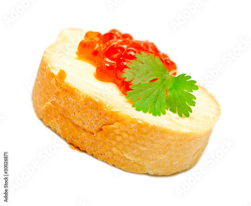 sandwich with red caviar on a white background