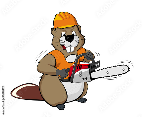 Beaver wearing a helmet and holding a chain saw