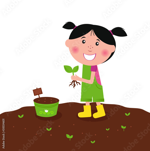 Happy kid is planting small plants on farm. VECTOR
