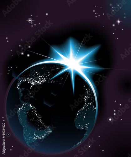 Sun rising over night time planet earth