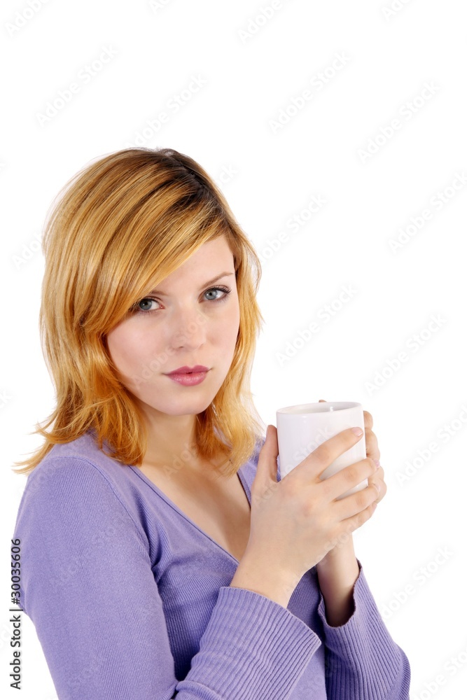 Young woman with a coffee mug (white background) Young woman with a coffee mug (white background)