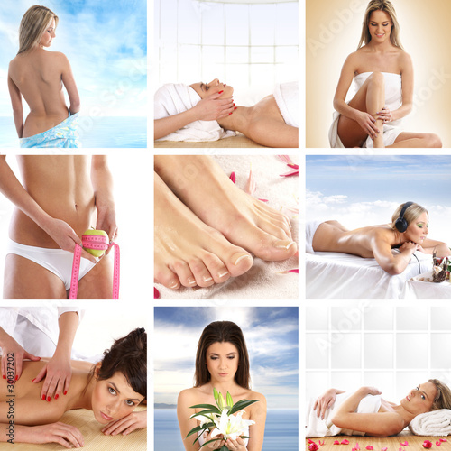 A collage of images on the topic health and spa treatment