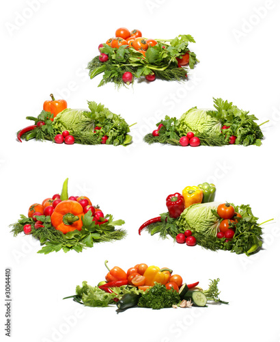 Fototapeta Naklejka Na Ścianę i Meble -  A collage of images with fresh and vegetables on white