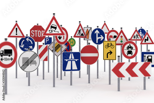 A lot of traffic signs over white background