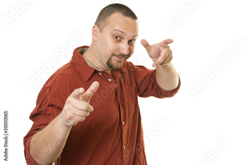 man with short hair pointing with hands photo