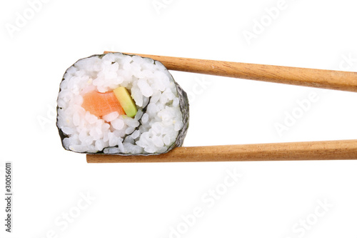 eating sushi on white background