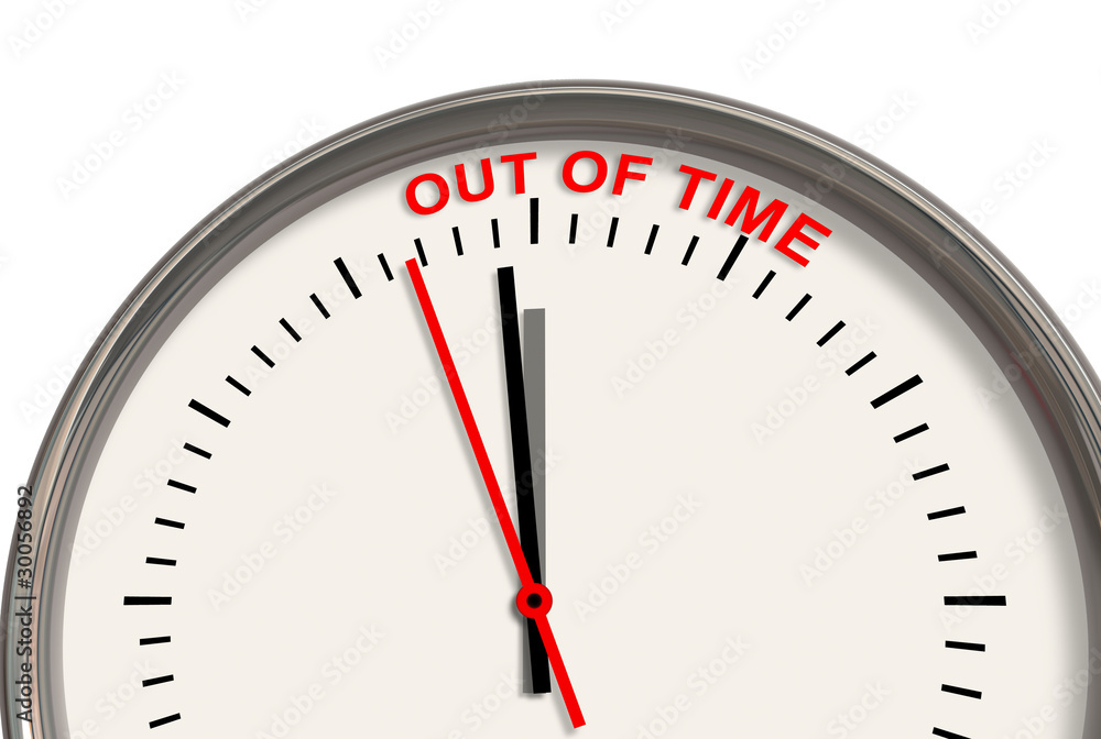 A clock with words OUT OF TIME on its face A clock with words OUT OF TIME on its face