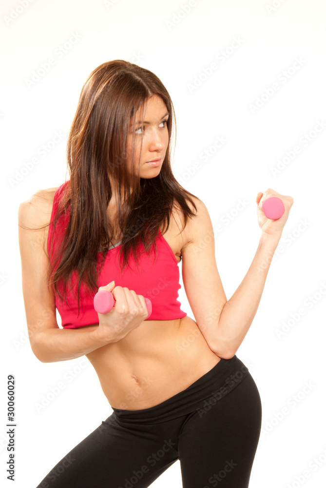 fitness woman instructor workout dumbbells in gym fitness woman instructor workout dumbbells in gym
