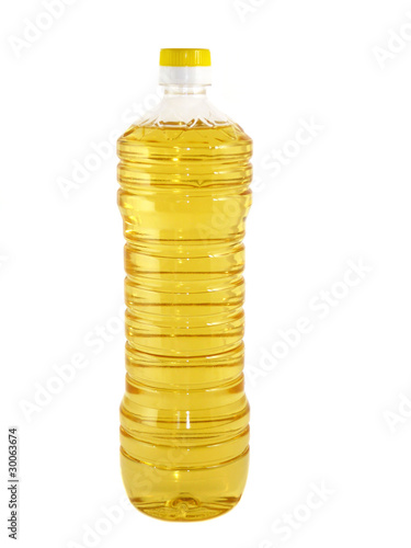 Plastic bottle with sunflower oil isolated on white background