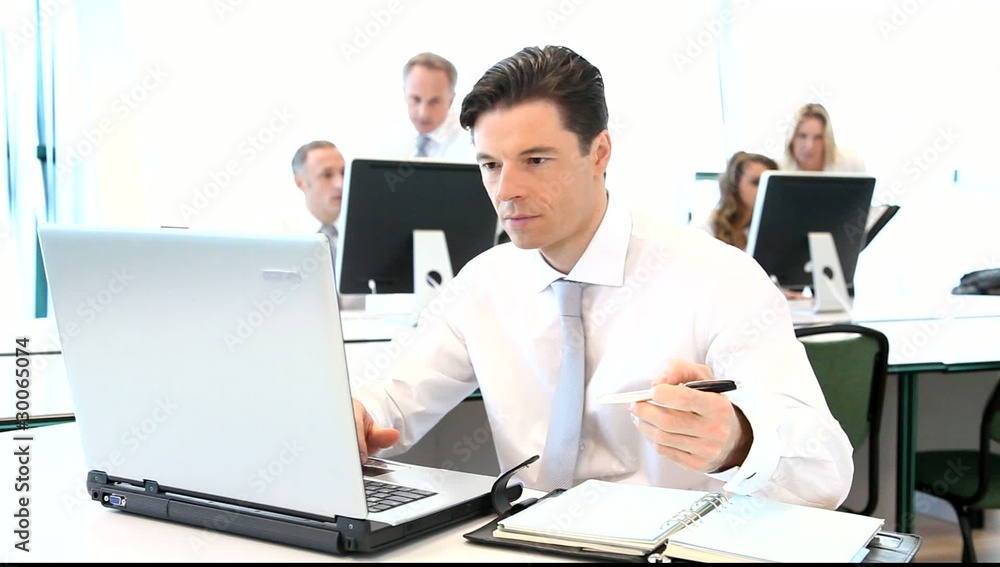 Salesman working in office with laptop computer Salesman working in office with laptop computer