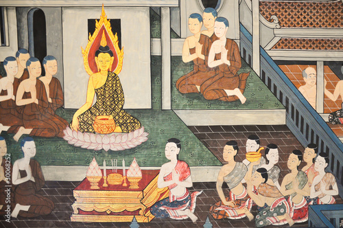 Thai Mural "offer food to Buddha"
