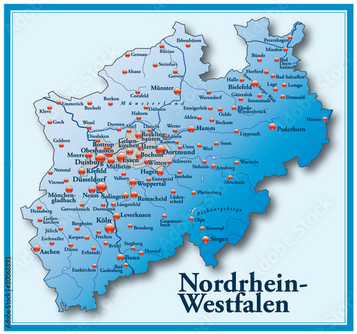 Nordrhein-Westfalen Übersicht blau mit Rahmen
