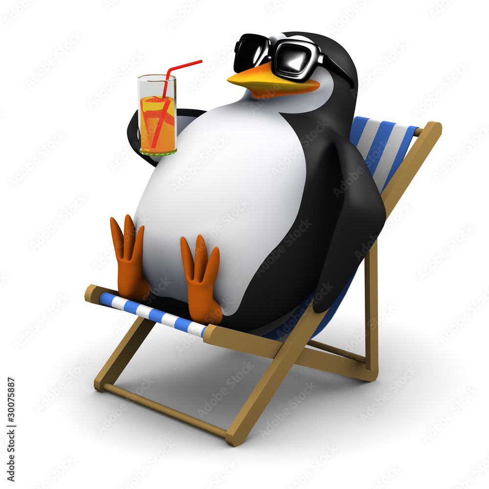 Obraz premium 3d Penguin relaxes in his deck chair with a cool glass