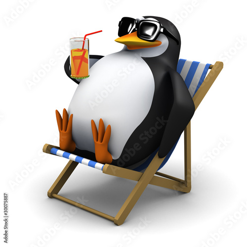 3d Penguin relaxes in his deck chair with a cool glass