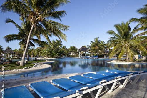 Luxury Resort Hotel Swimming Pool with Palm Trees Deck Chairs photo