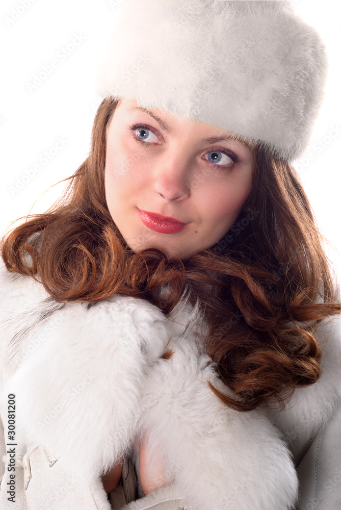 Waman in white cap and coat Waman in white cap and coat