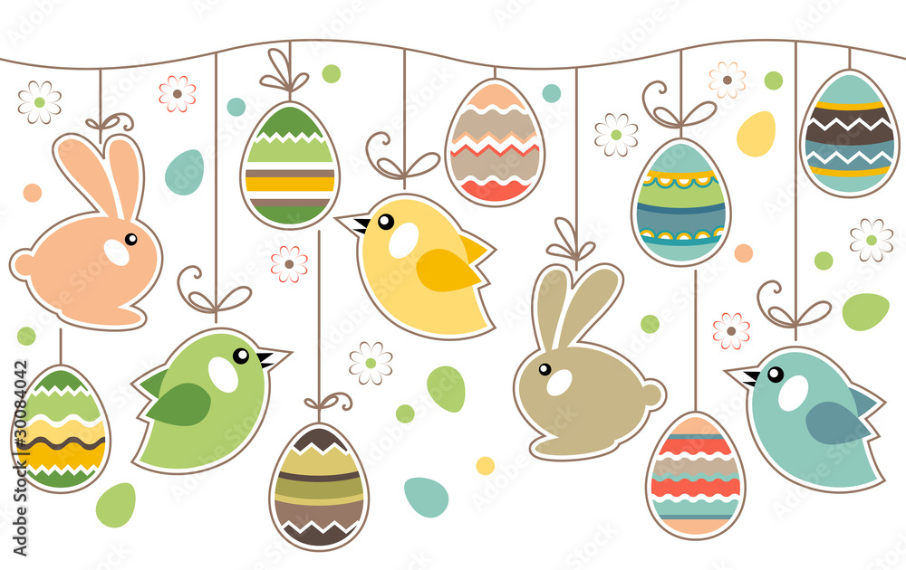 Seamless spring border with easter eggs,birds and rabbits