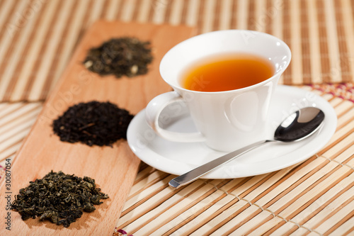 Cup of tea and dried tea leaves