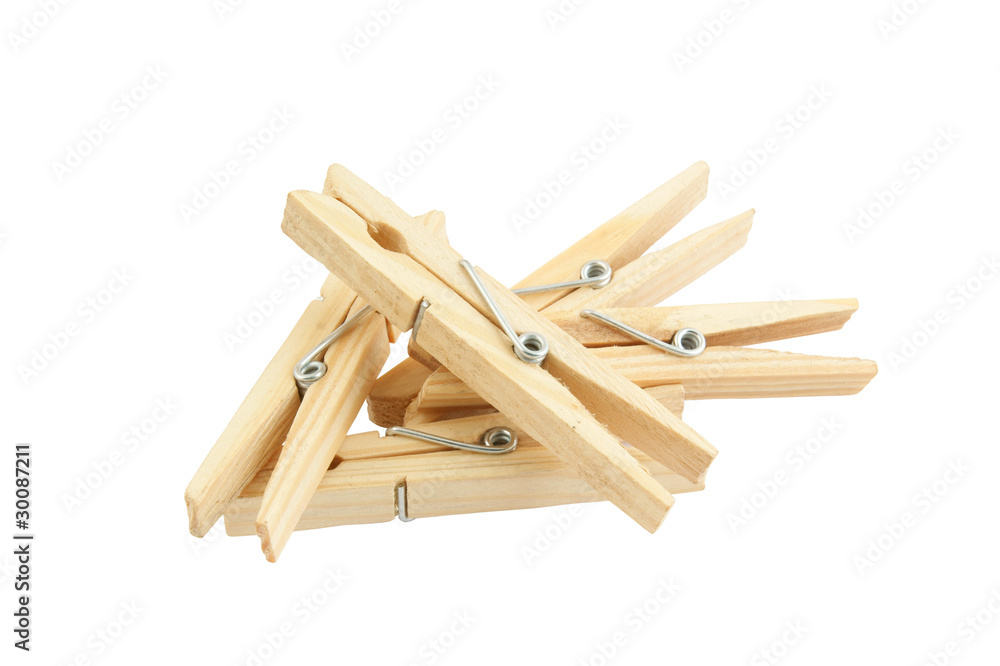 Wooden clothespins isolated on white background