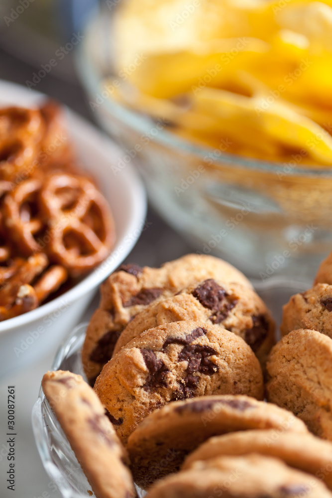 Cookies and pretzels in bowls, shallow DOF Cookies and pretzels in bowls, shallow DOF