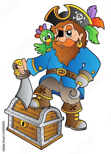 Pirate standing on treasure chest