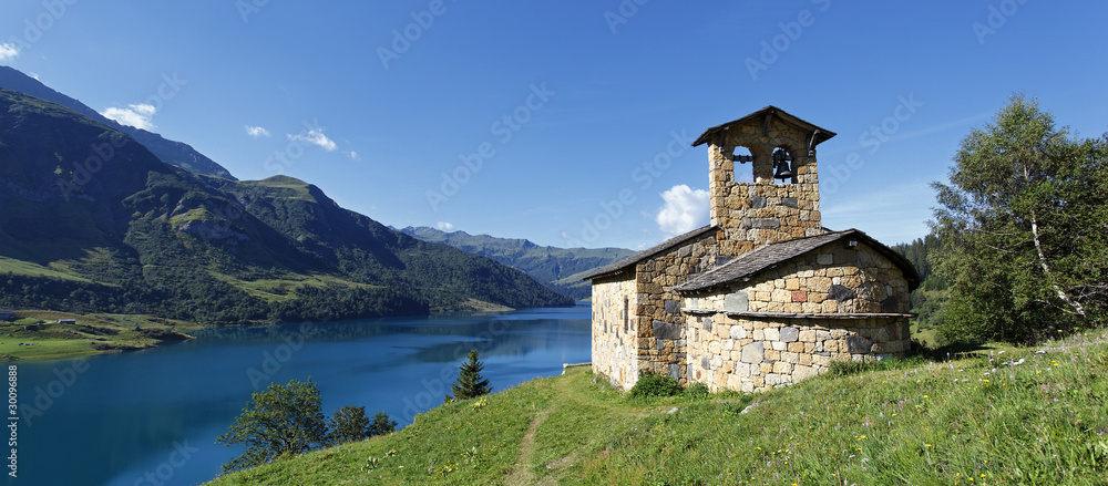 chapel and lake panoramic