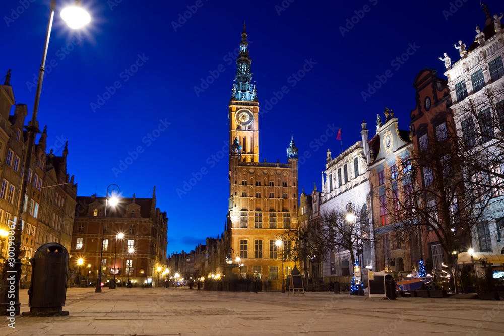 Amazing architecture of old town in Gdansk at night, Poland.