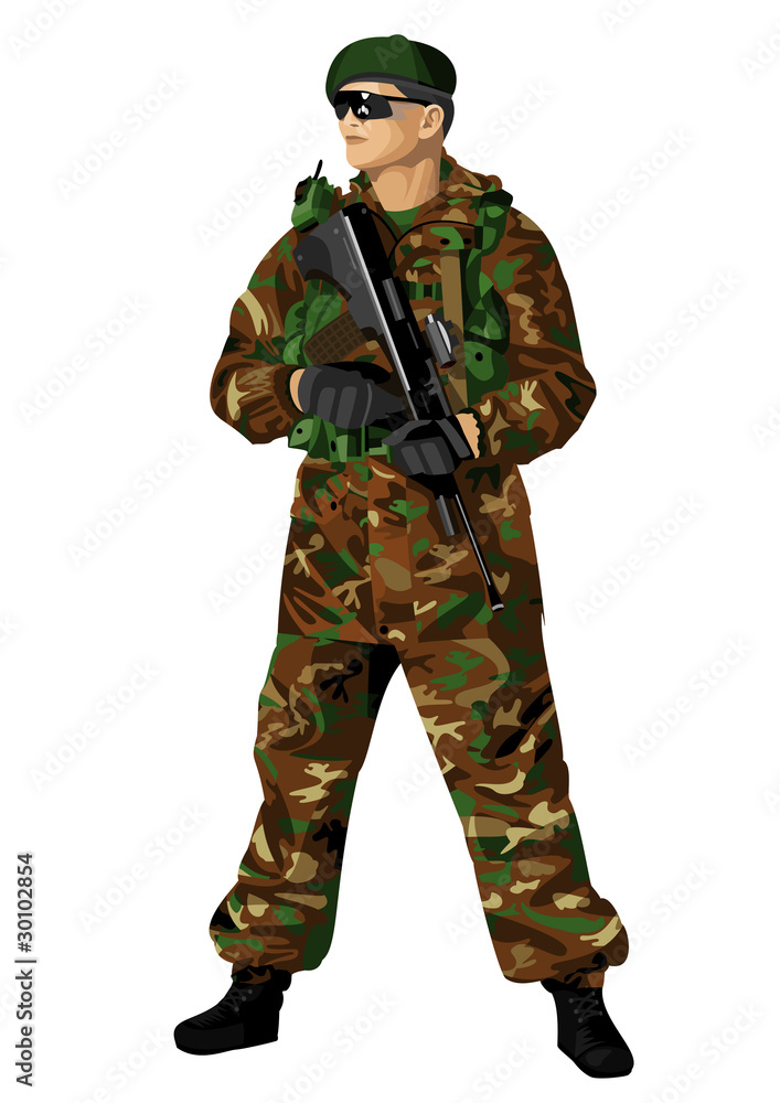 The soldier holding a rifle. Highly detailed image. The soldier holding a rifle. Highly detailed image.