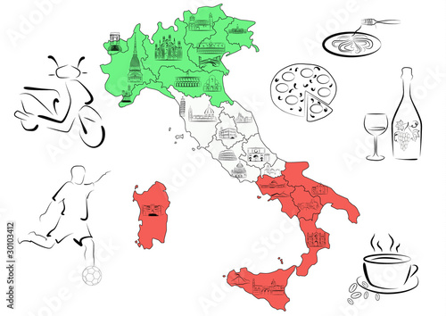 Map of Italy with sights by regions